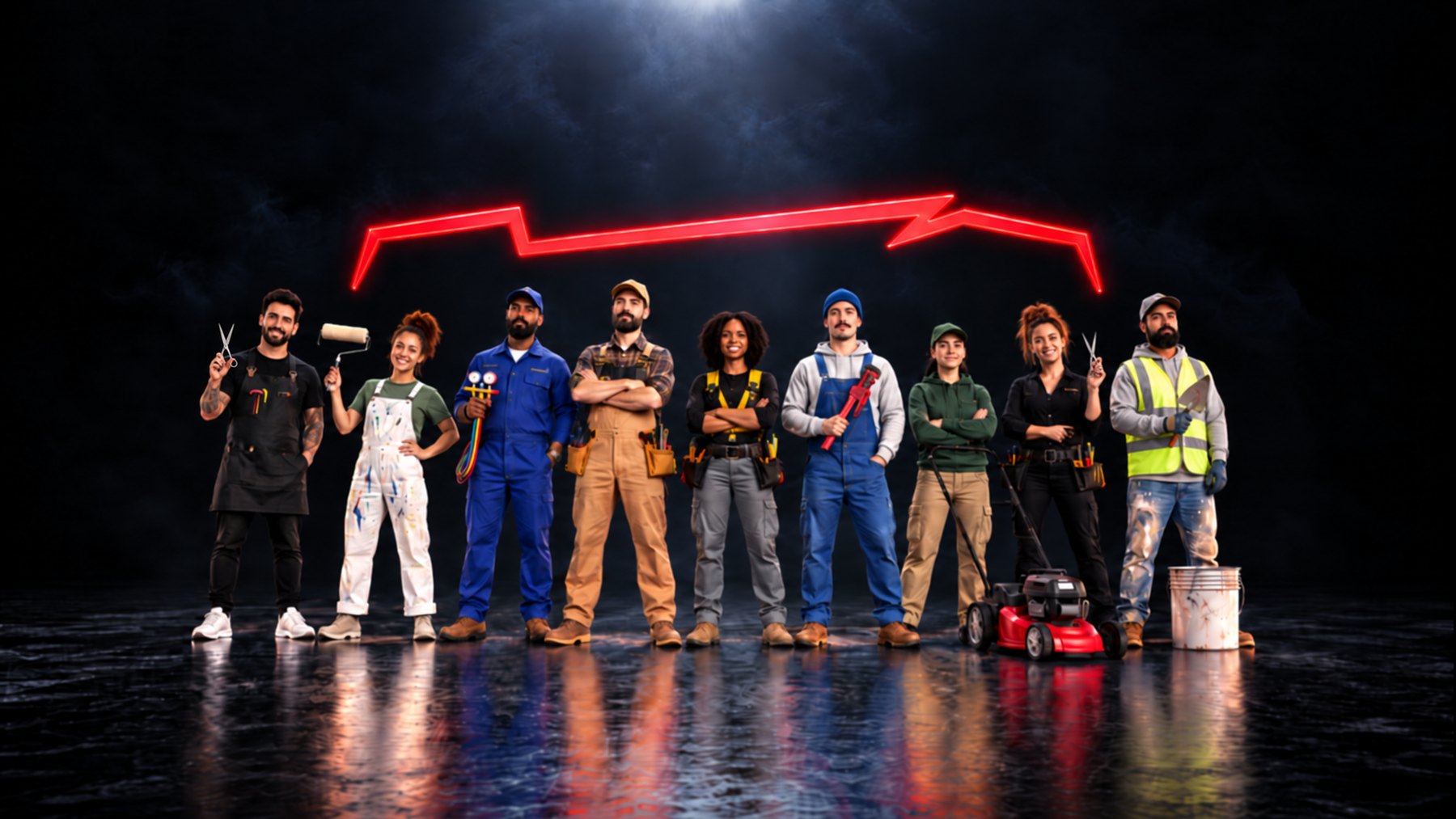 A line of tradespeople — barber, painter, HVAC technician,
                  carpenter, electrician, plumber, landscaper, stylist and
                  mason — standing together under a red territory outline